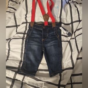 OshKosh B'Gosh Boys Toddler 3 Month Dark Wash Denim Jeans W/ Red Suspenders NWT‎